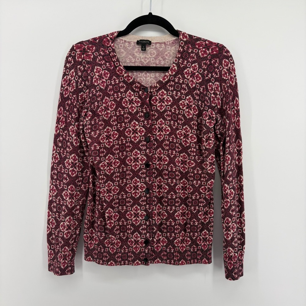 Talbots Burgundy Geometric Print Button Front Cardigan Sweater Women's Size S‎